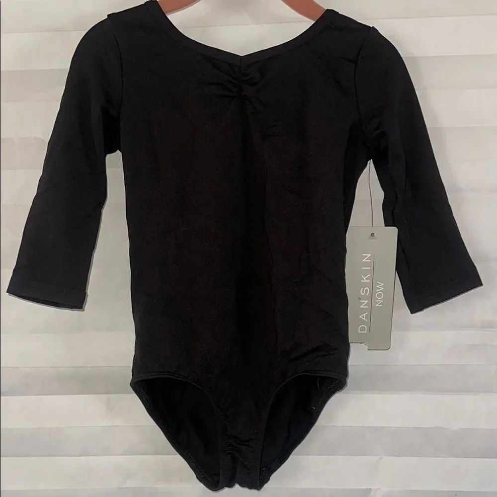 Danskin Girls Black Elbow Sleeve Leotard Dance Gymnastics Ballet Size 4-5